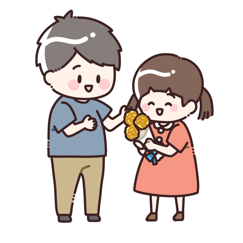 黄色のバラの花束をお父さんに渡す女の子のイラスト