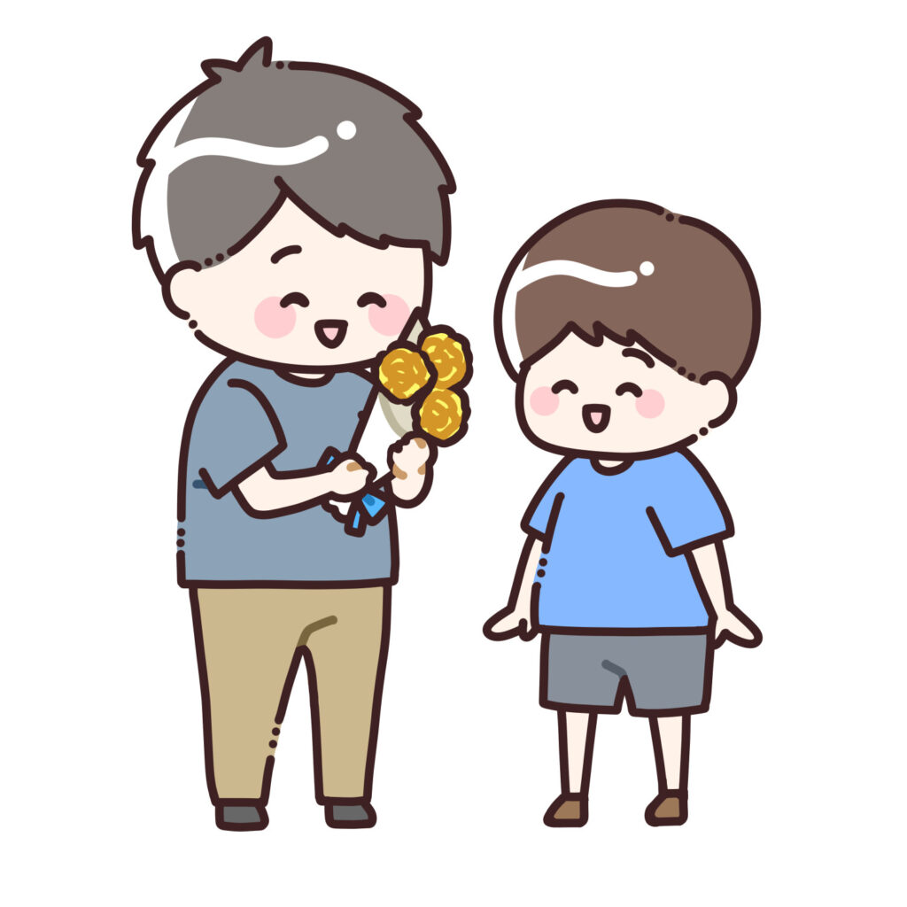 男の子から黄色のバラの花束を受け取るお父さんのイラスト
