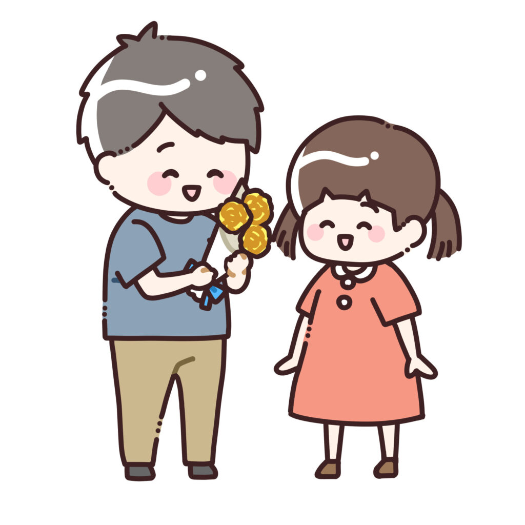 女の子から黄色のバラの花束を受け取るお父さんのイラスト