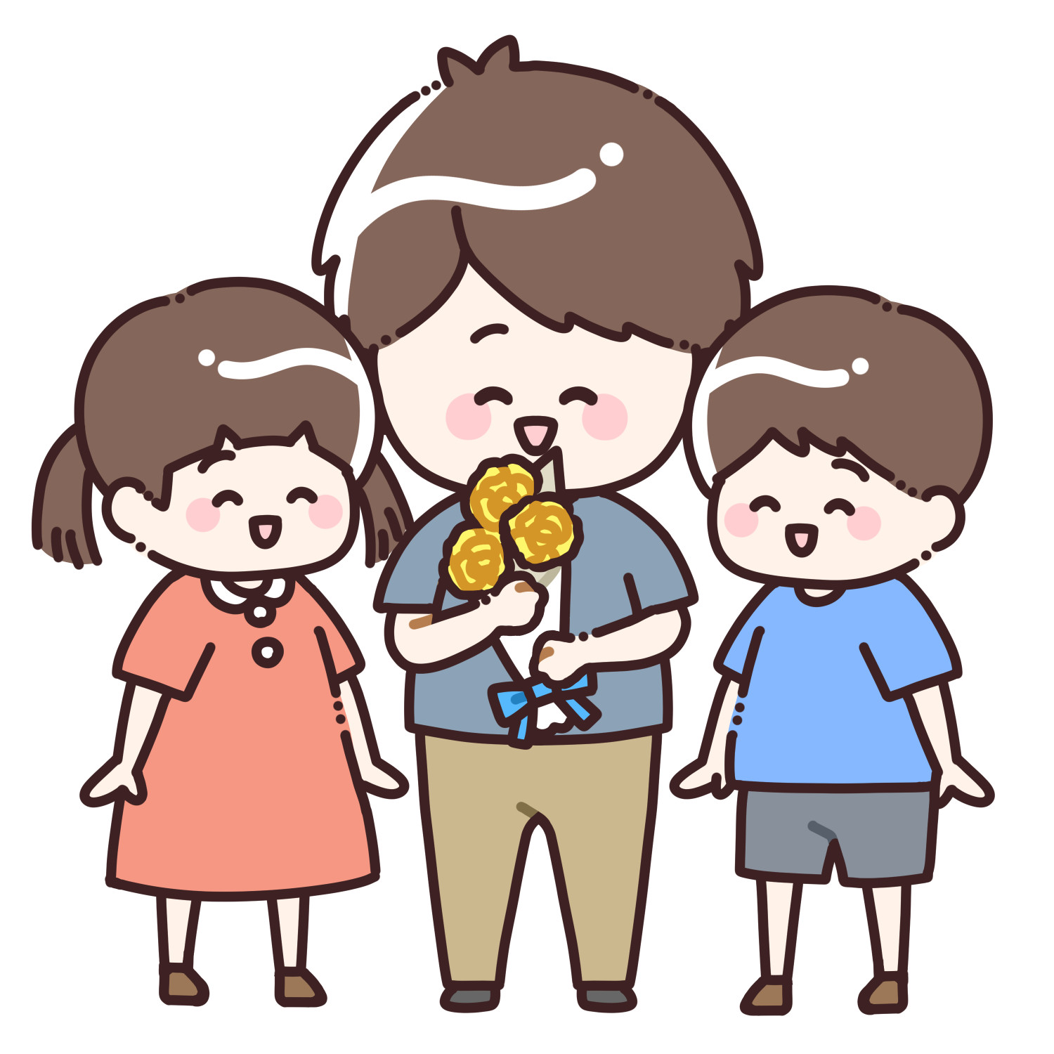 子どもたちから黄色のバラの花束を受け取るお父さんのイラスト