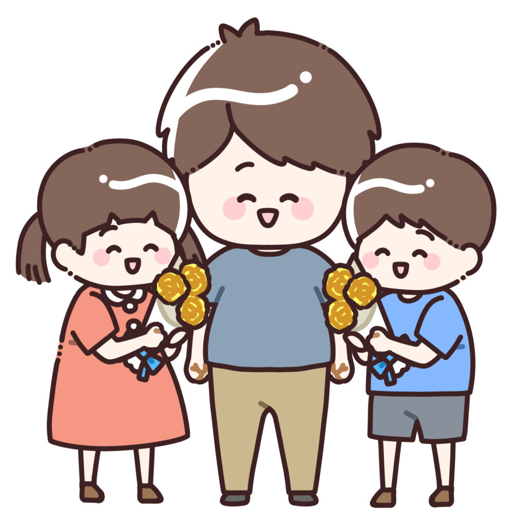 お父さんに黄色のバラの花束を渡す子どもたちのイラスト