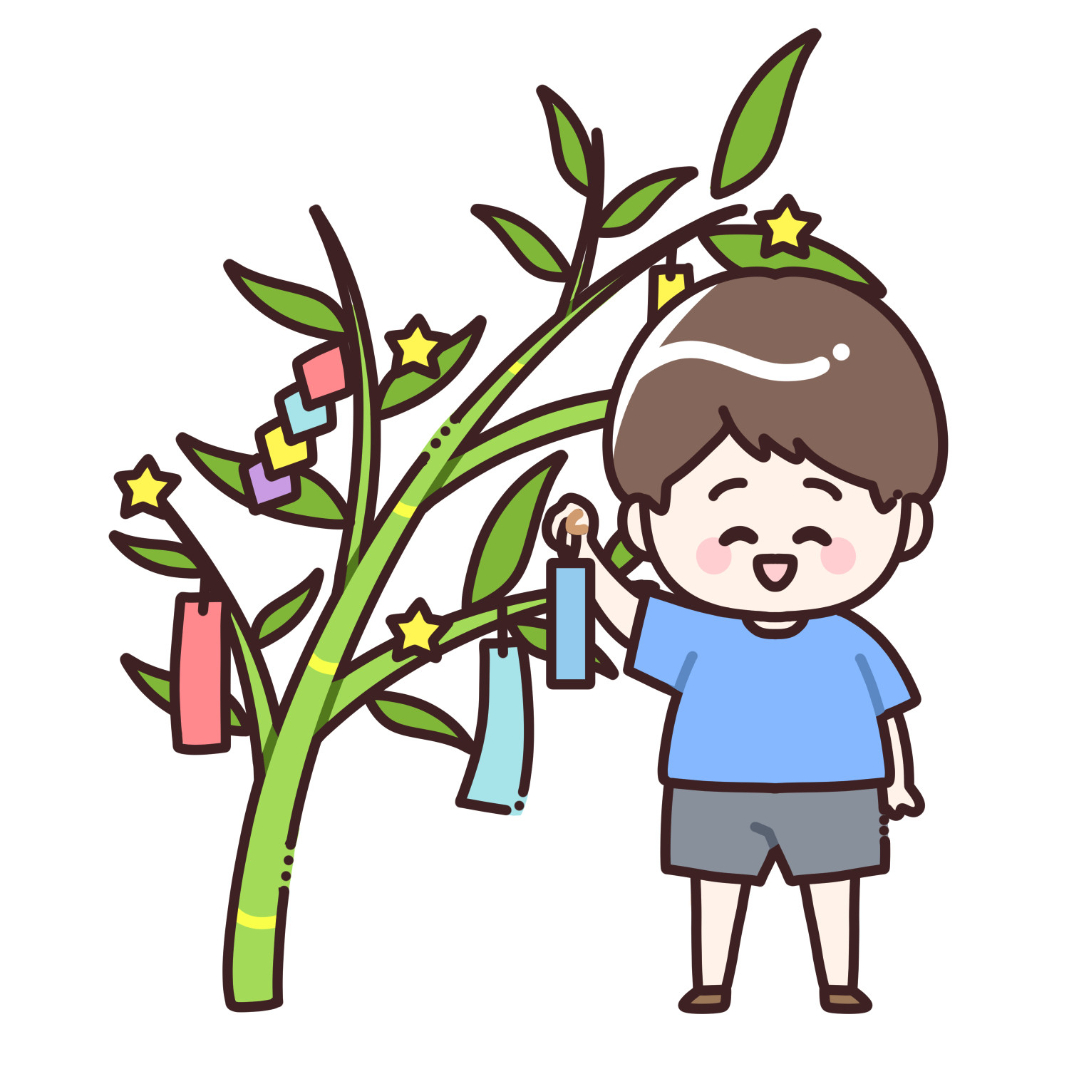 七夕の笹の葉と短冊を持った男の子のイラスト