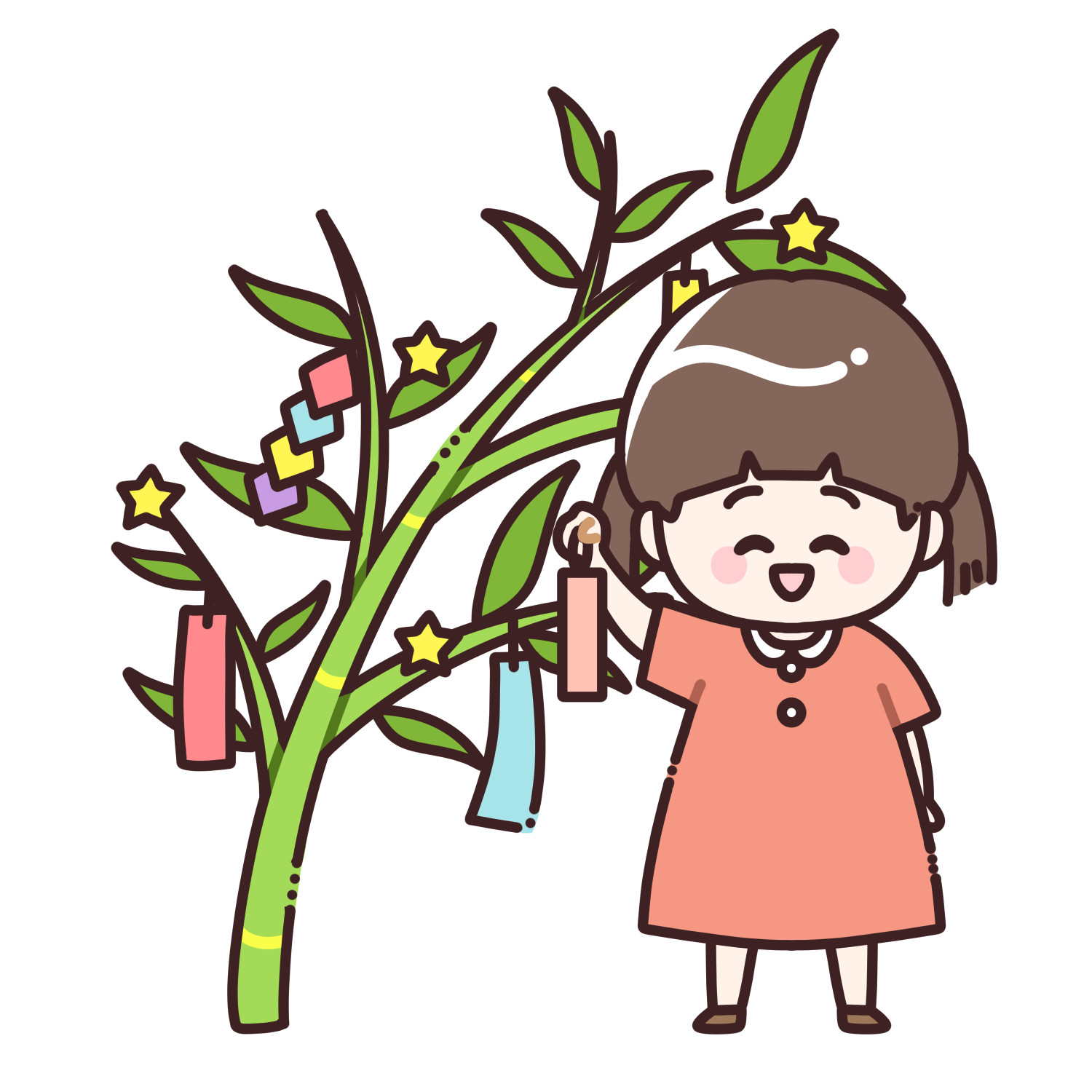 七夕の笹の葉と短冊を持った女の子のイラスト