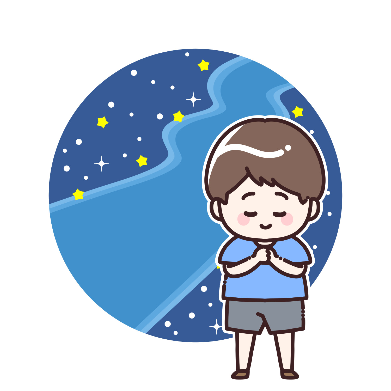 七夕の天の川に願い事をする男の子のイラスト