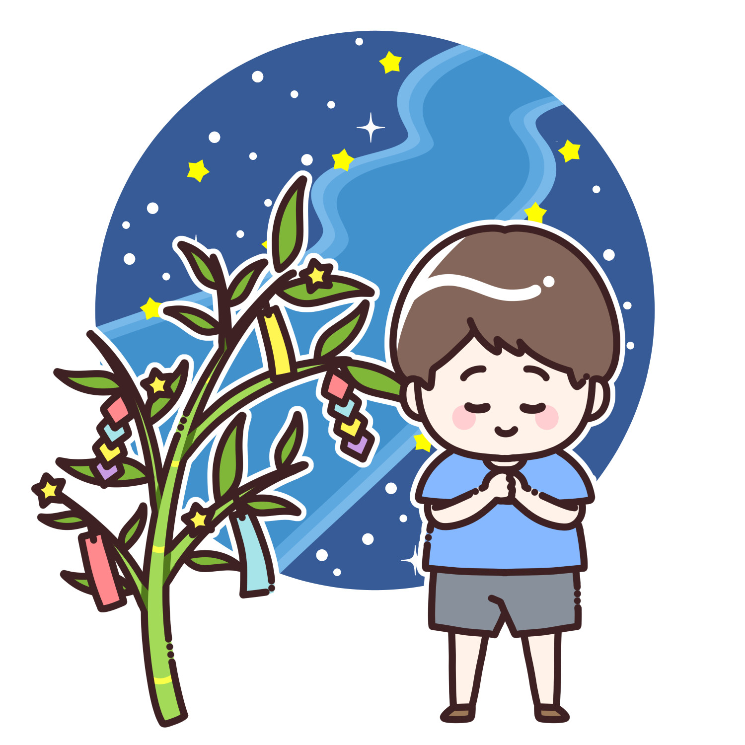 七夕の天の川と笹の葉に願い事をする男の子のイラスト