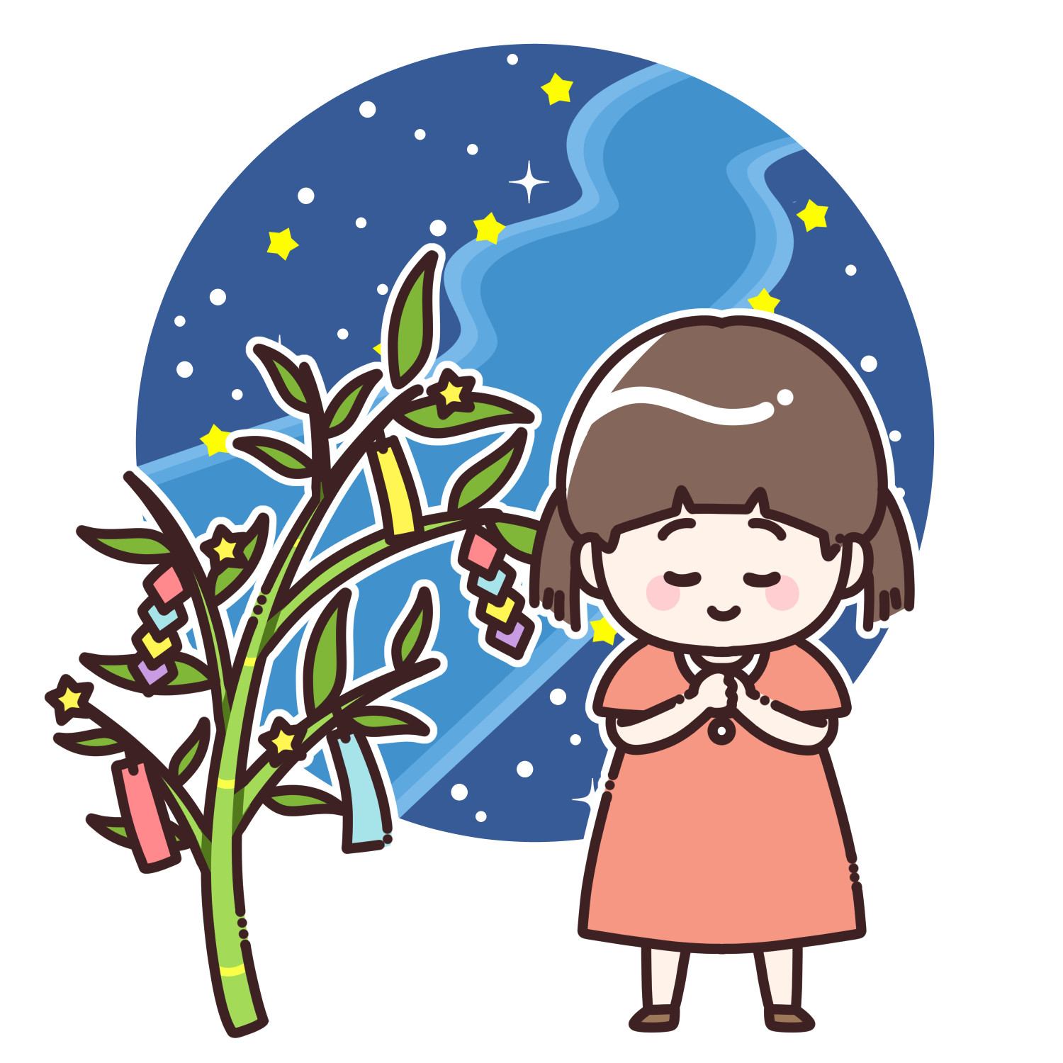 七夕の天の川と笹の葉に願い事をする女の子のイラスト