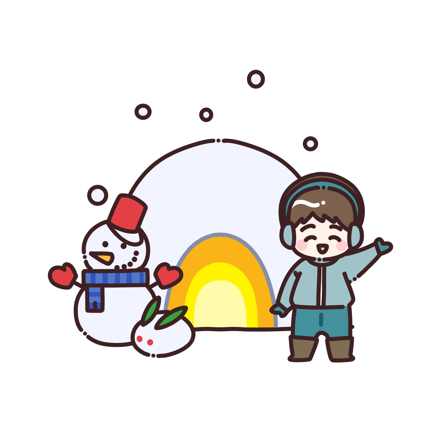 男の子と雪だるまとかまくらのイラスト