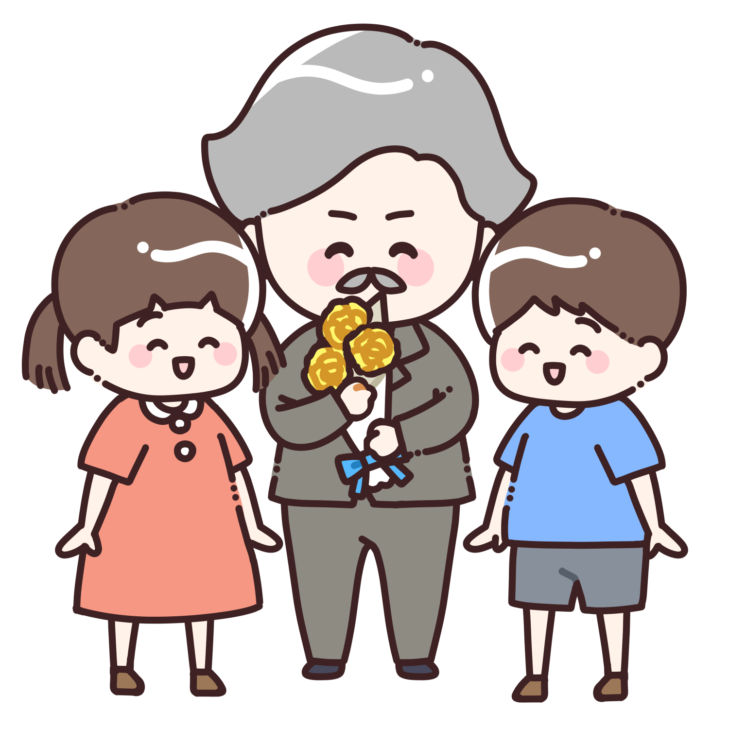 子どもたちから黄色のバラの花束を受け取るお父さんのイラスト2