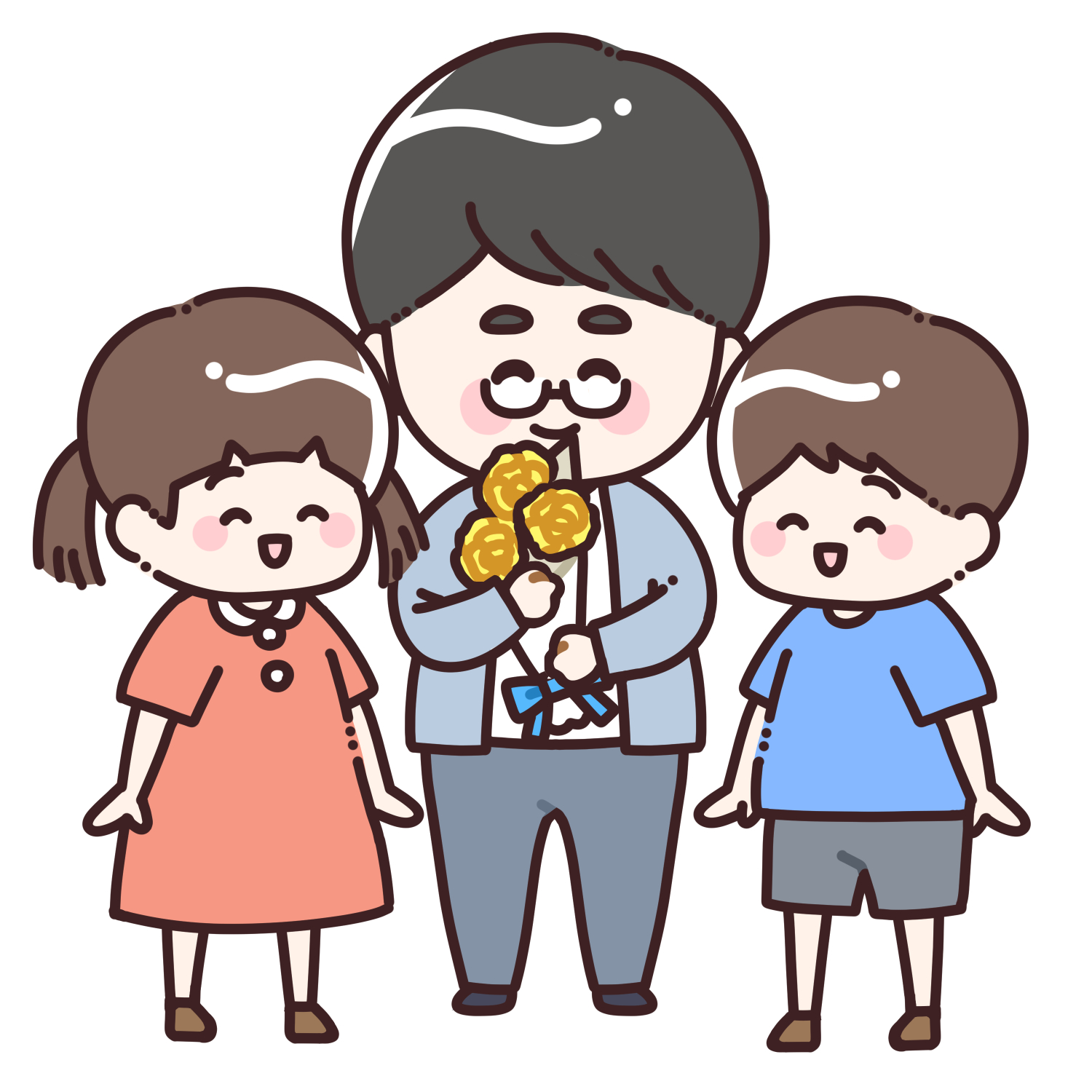 子どもたちから黄色のバラの花束を受け取るお父さんのイラスト5