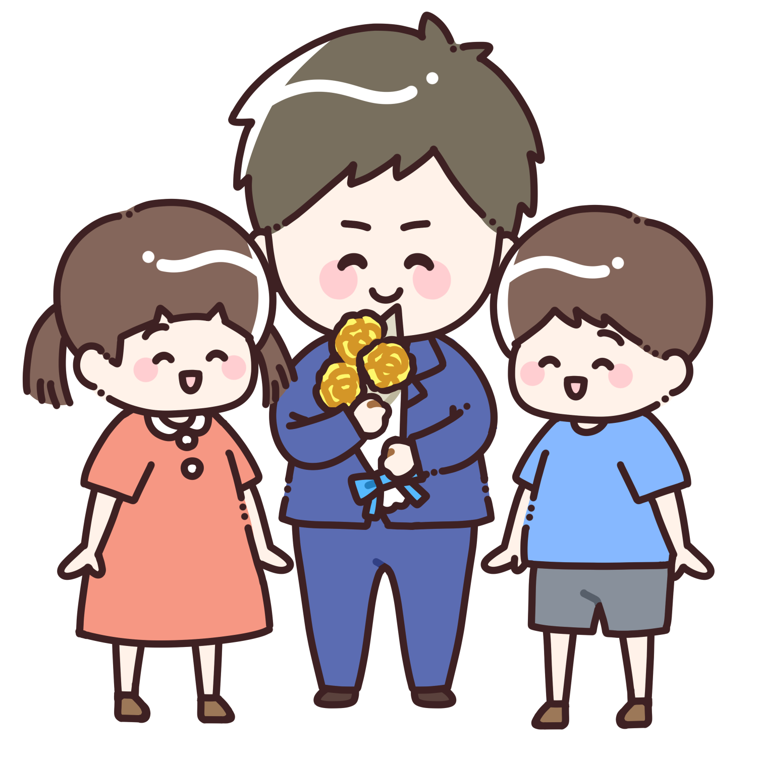 子どもたちから黄色のバラの花束を受け取るお父さんのイラスト6