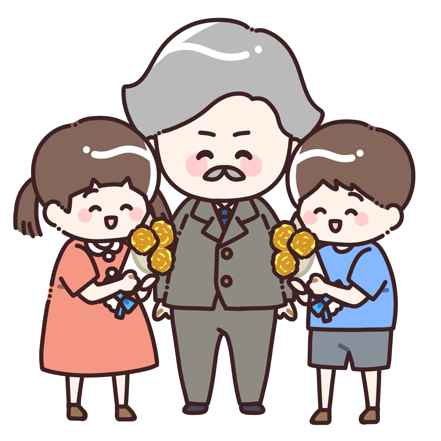 お父さんに黄色のバラの花束を渡す子どもたちのイラスト2
