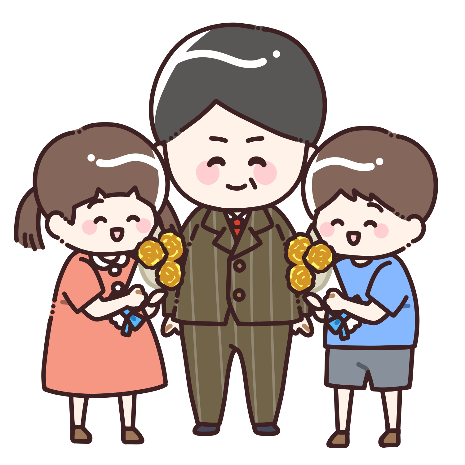 お父さんに黄色のバラの花束を渡す子どもたちのイラスト3