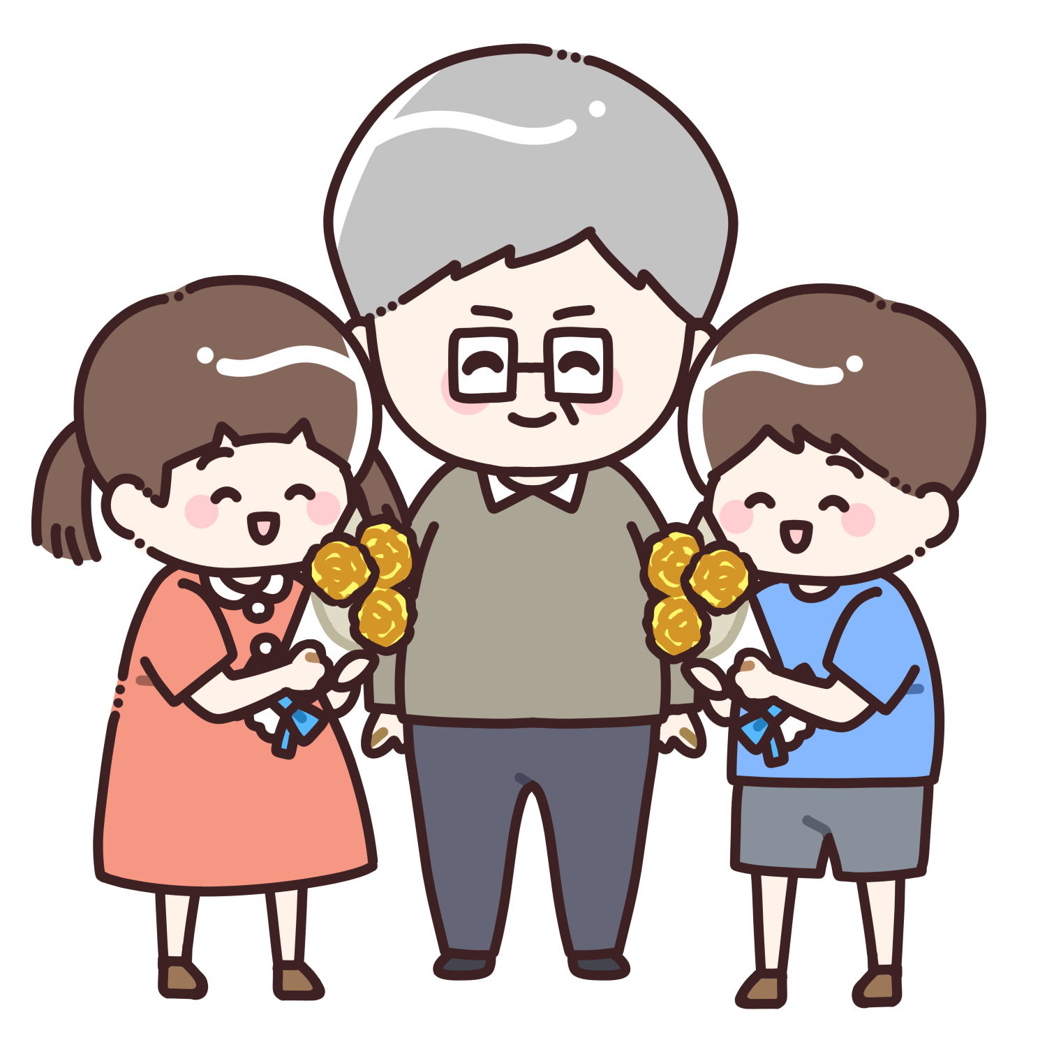 お父さんに黄色のバラの花束を渡す子どもたちのイラスト4