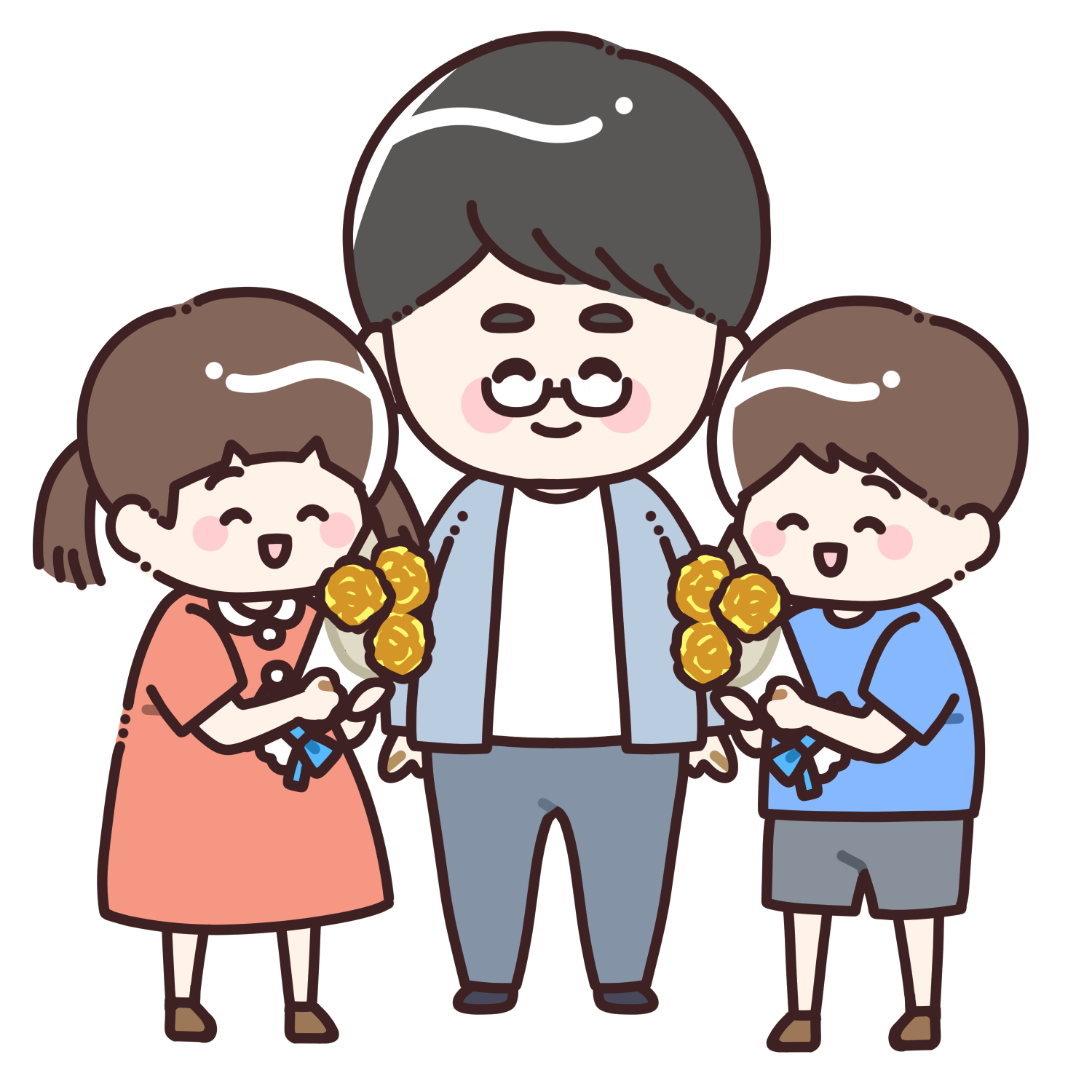 お父さんに黄色のバラの花束を渡す子どもたちのイラスト5