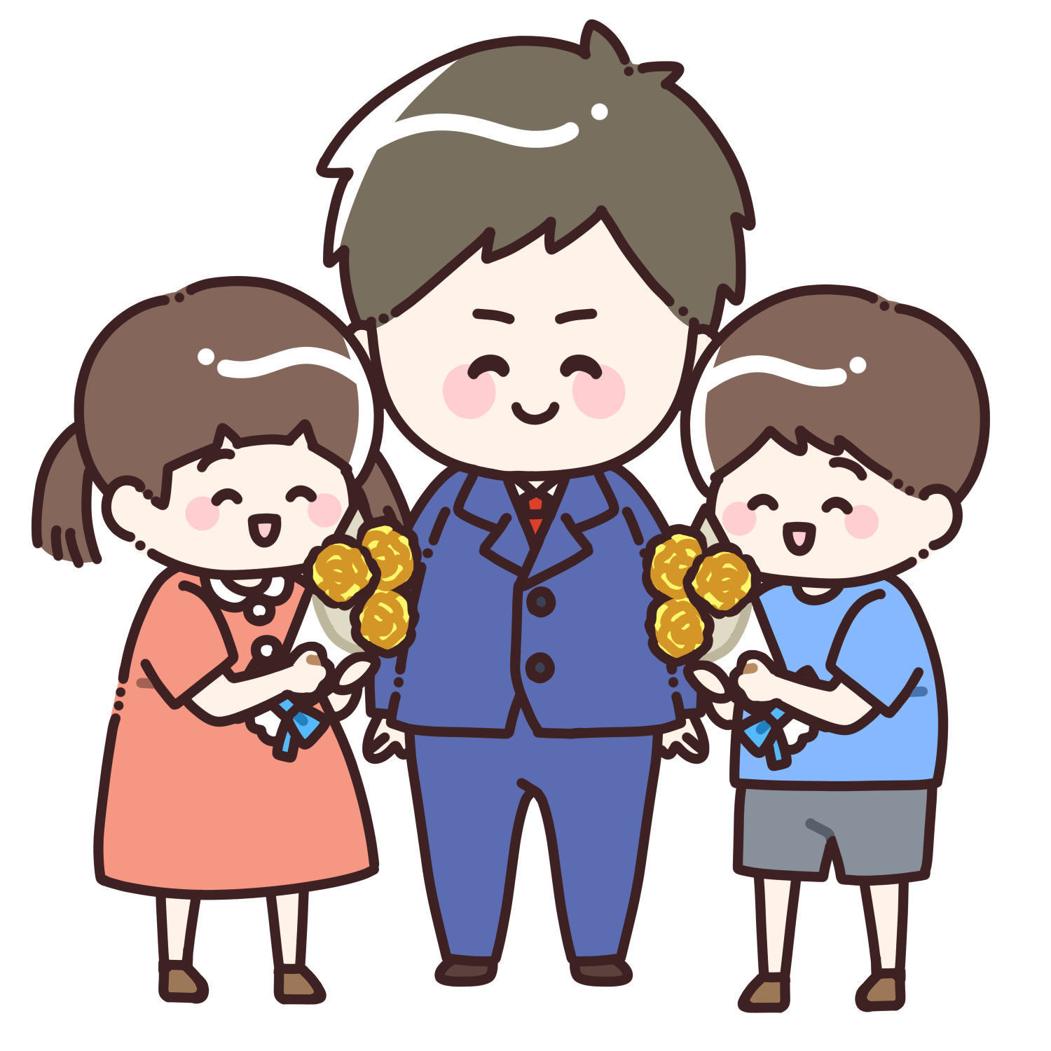 お父さんに黄色のバラの花束を渡す子どもたちのイラスト6