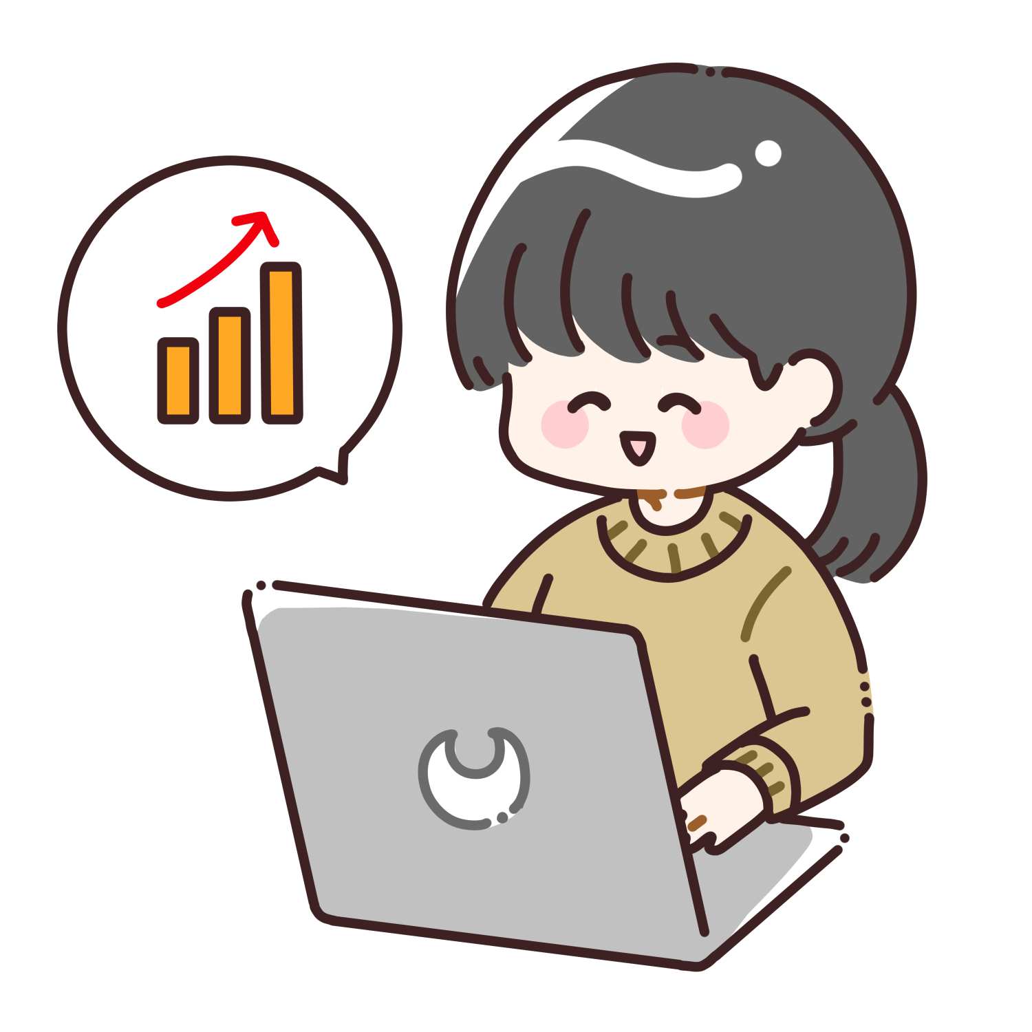 パソコンで株価を確認して喜ぶ女性のイラスト