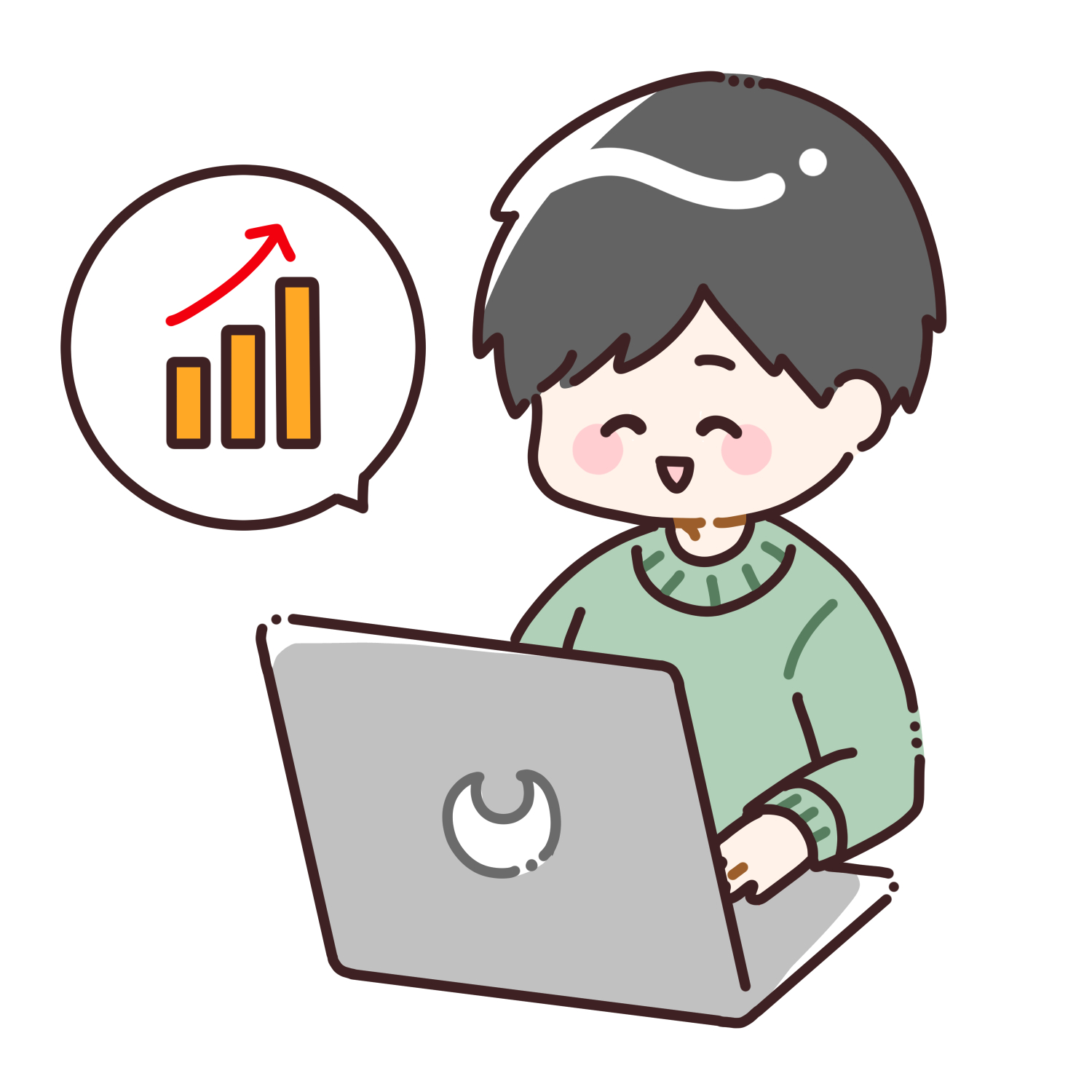 パソコンで株価を確認して喜ぶ男性のイラスト