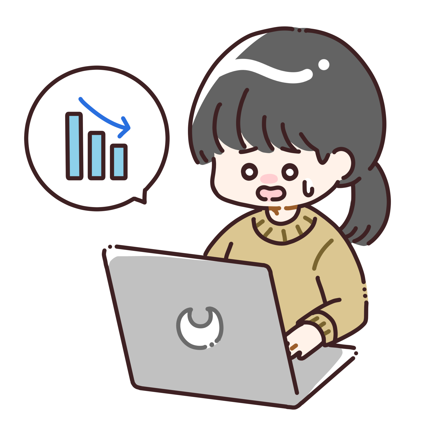 パソコンで株価を確認して焦る女性のイラスト