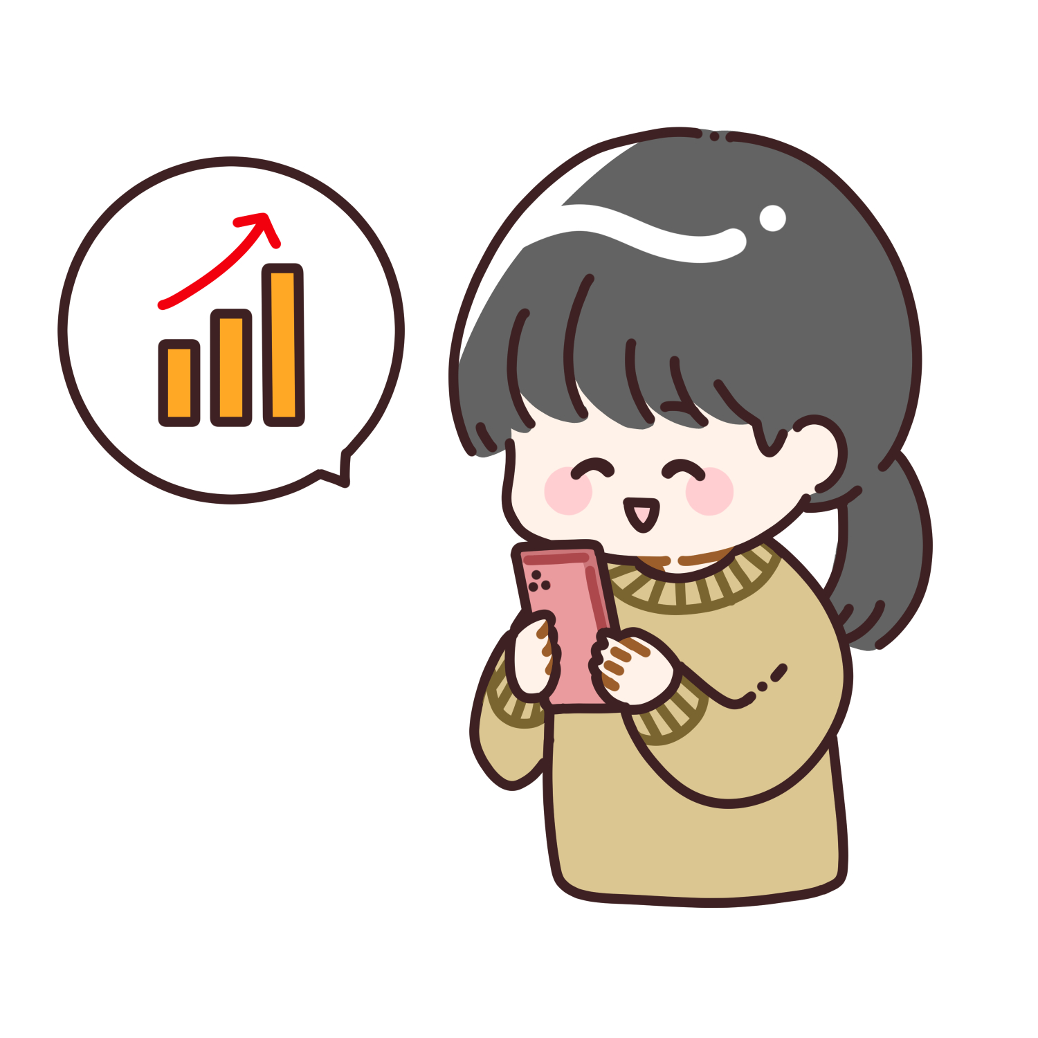 スマホで株価を確認して喜ぶ女性のイラスト