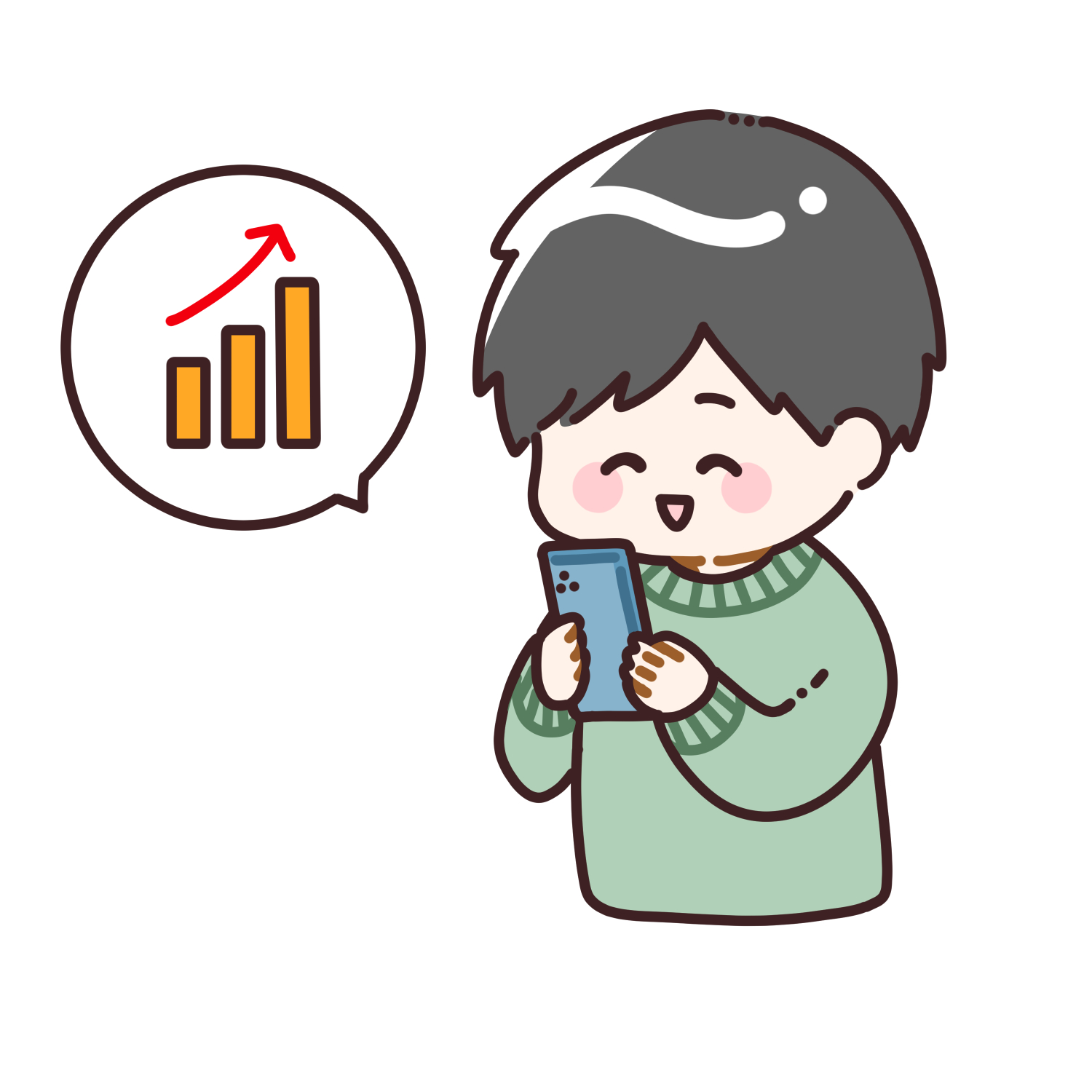 スマホで株価を確認して喜ぶ男性のイラスト
