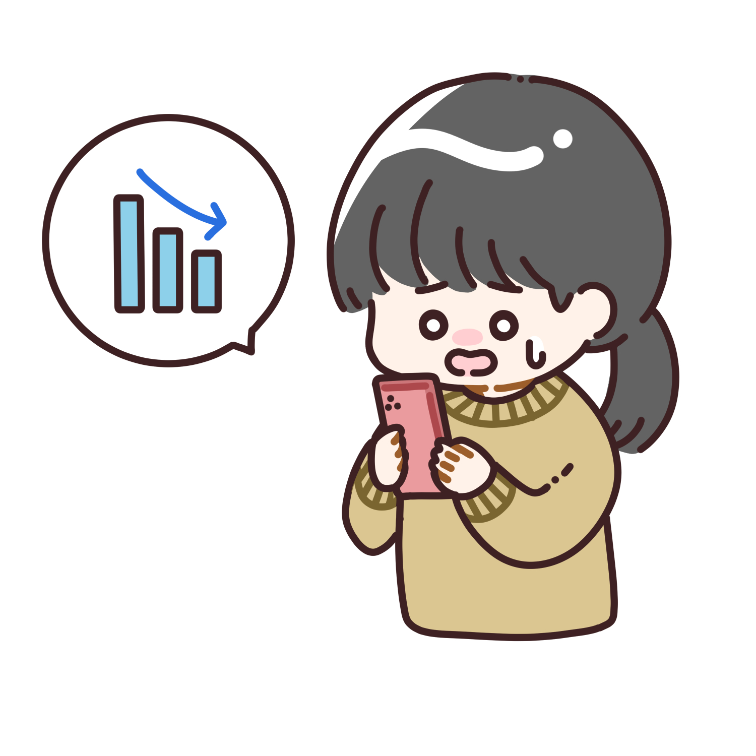 スマホで株価を確認して焦る女性のイラスト