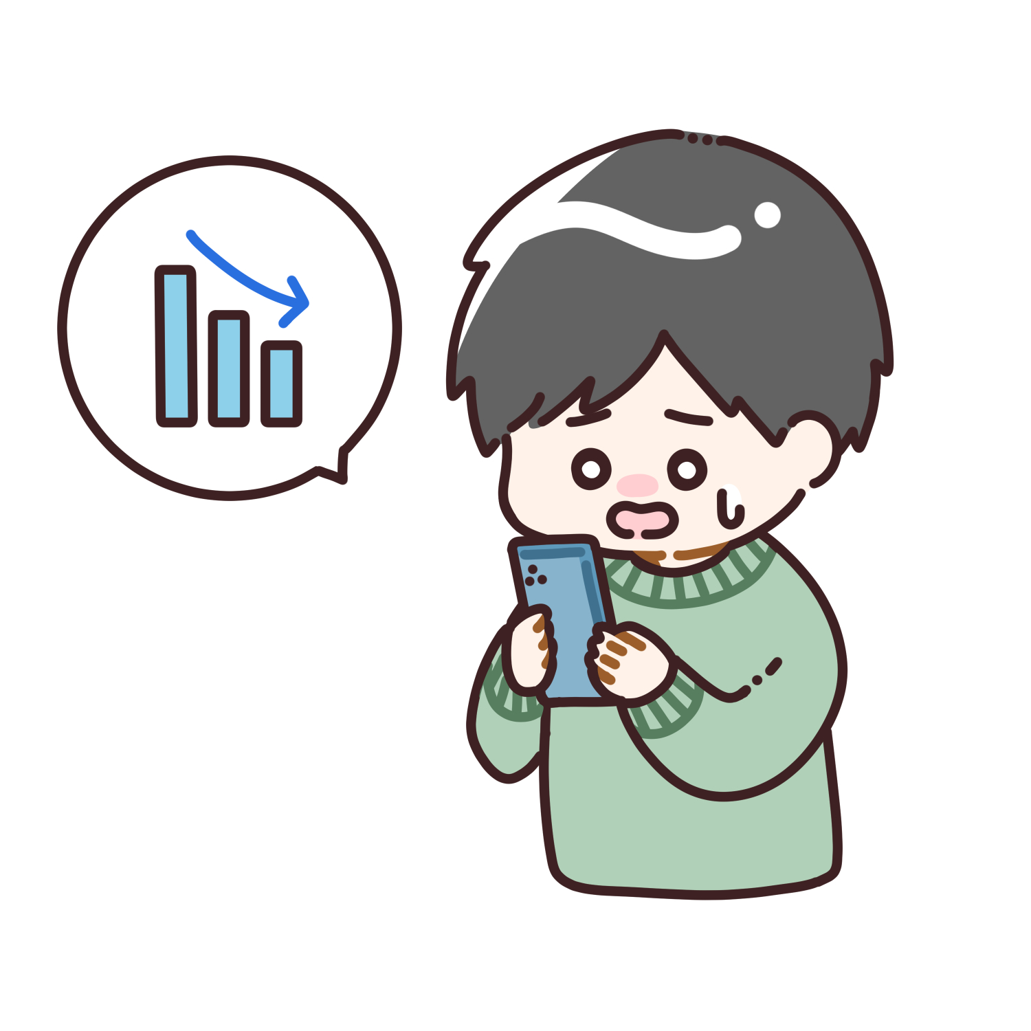 スマホで株価を確認して焦る男性のイラスト