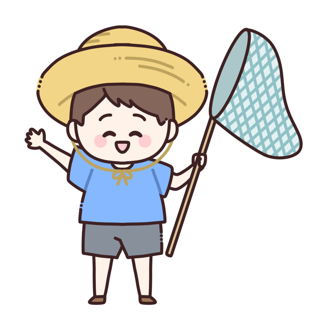 虫取り網を持った麦わら帽子を被った男の子のイラスト