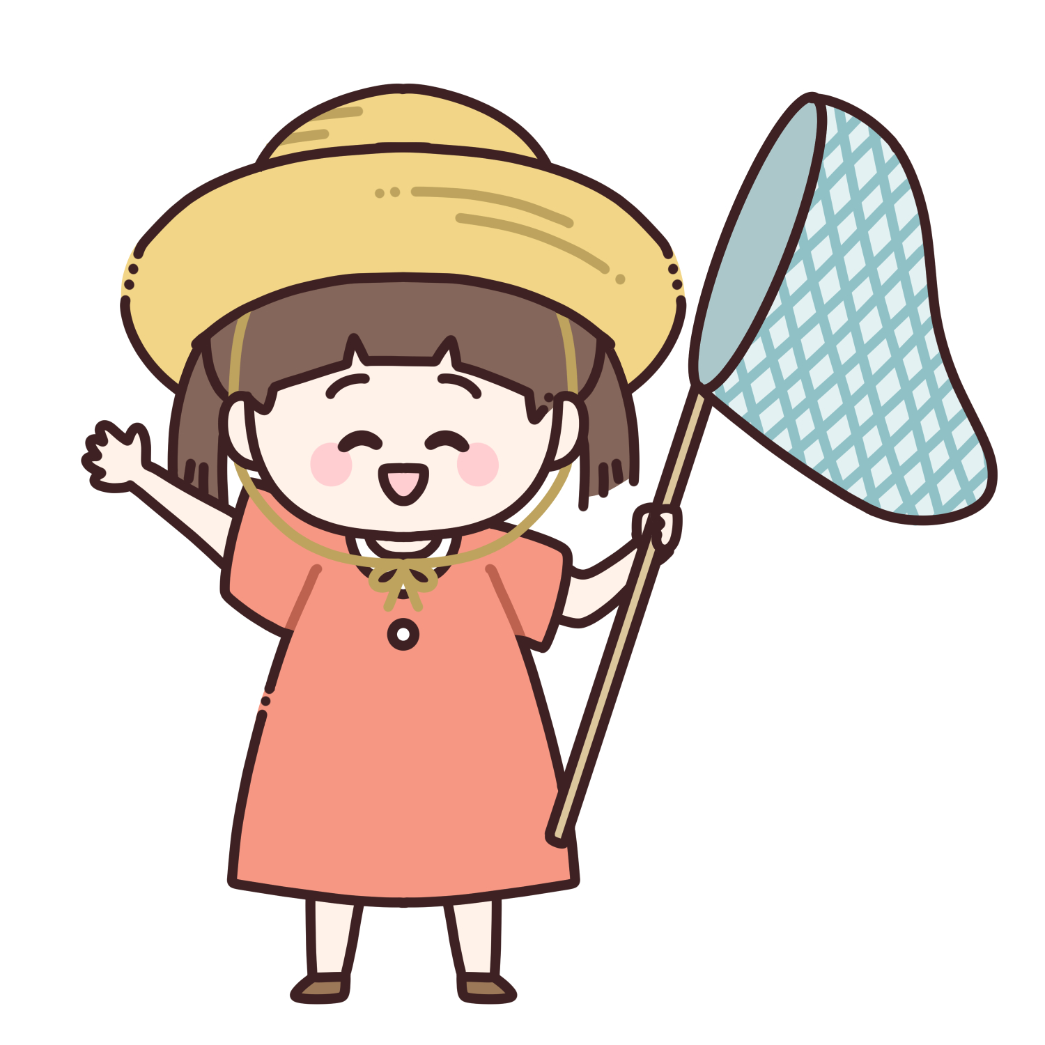 虫取り網を持った麦わら帽子を被った女の子のイラスト