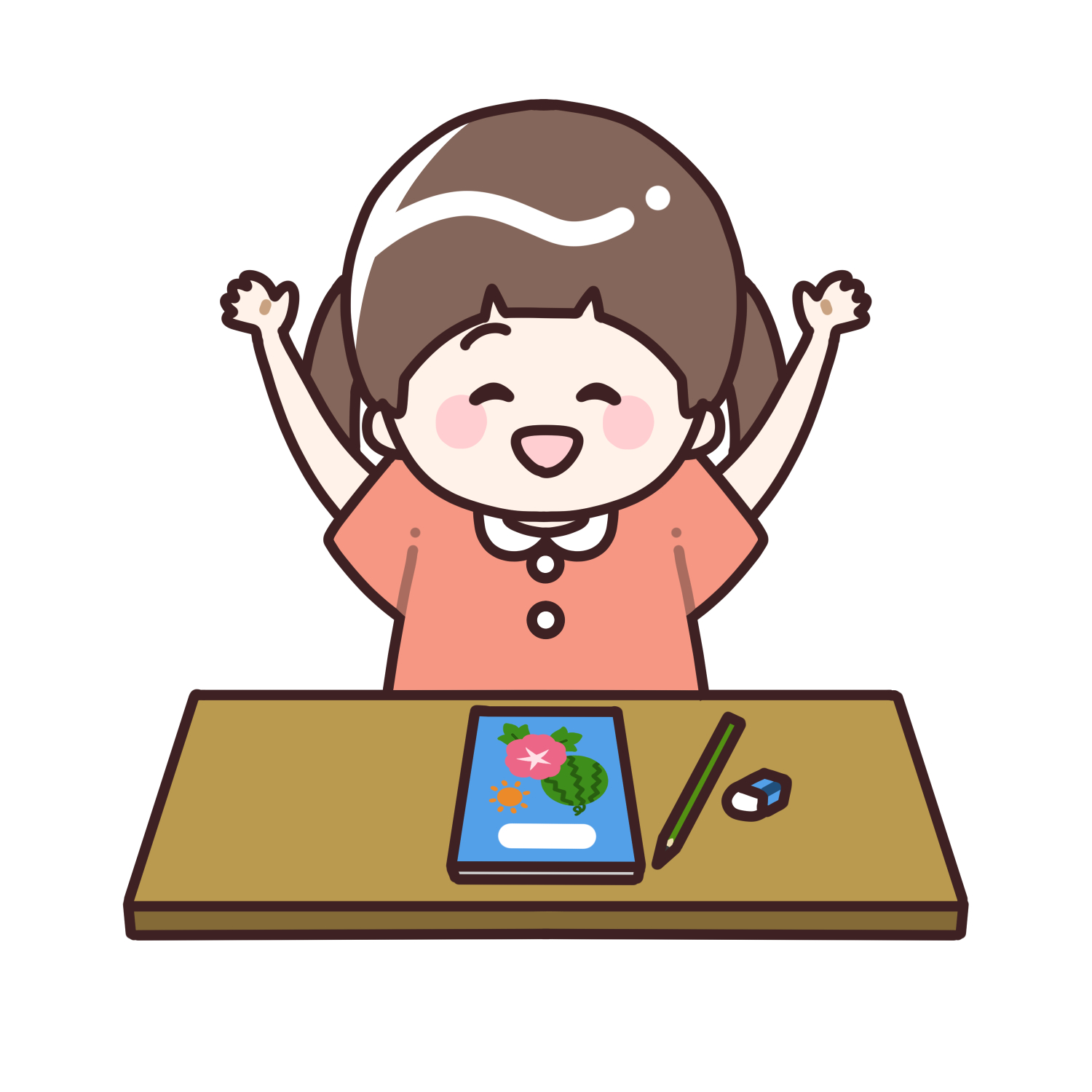 宿題が終わって喜ぶ女の子のイラスト｜夏休み・学習・学校素材