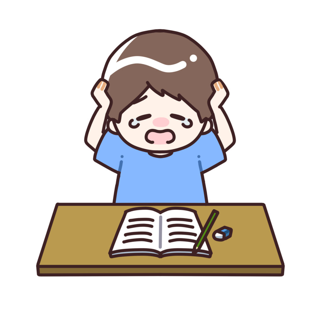 宿題が終わらず困る男の子のイラスト｜夏休み・勉強・学校素材