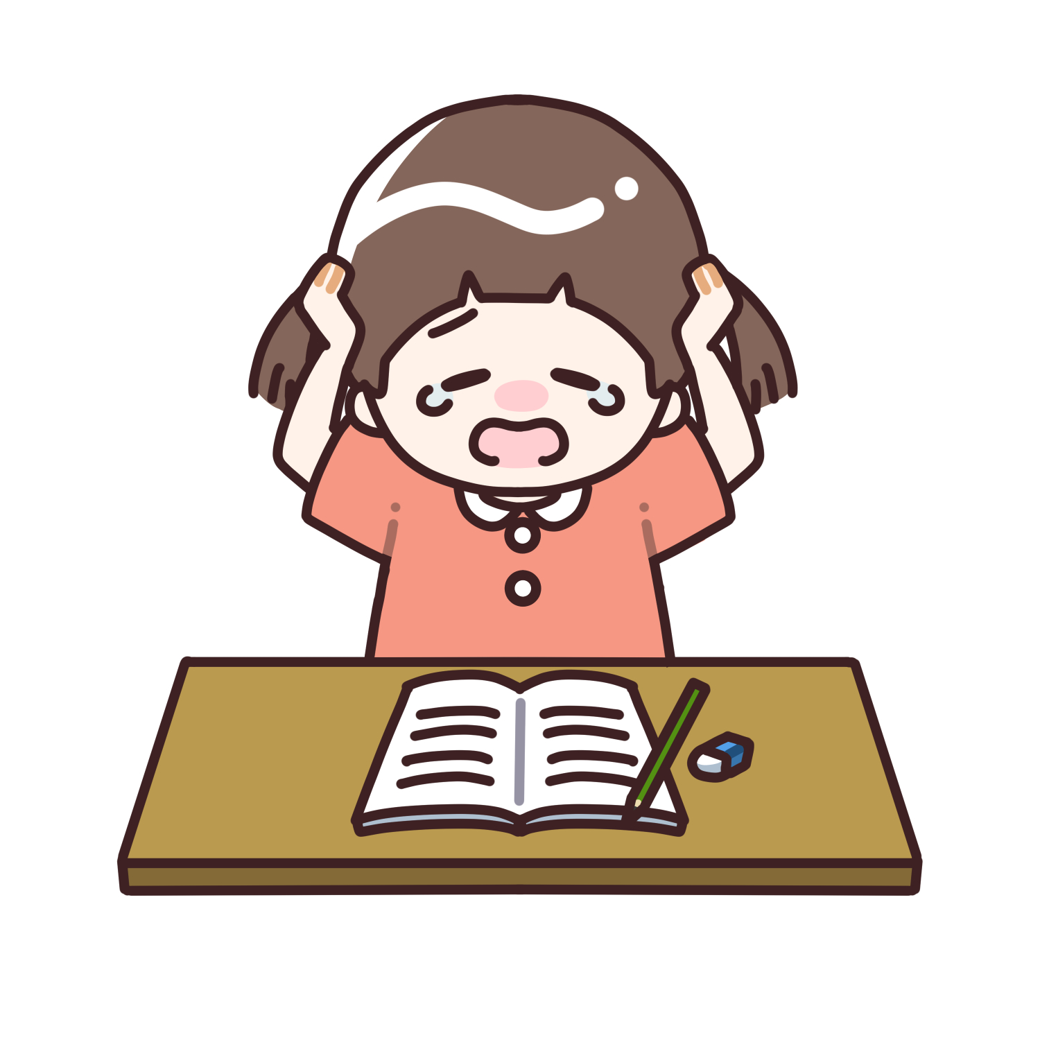 宿題が終わらず困る女の子のイラスト|夏休み・勉強・学校素材