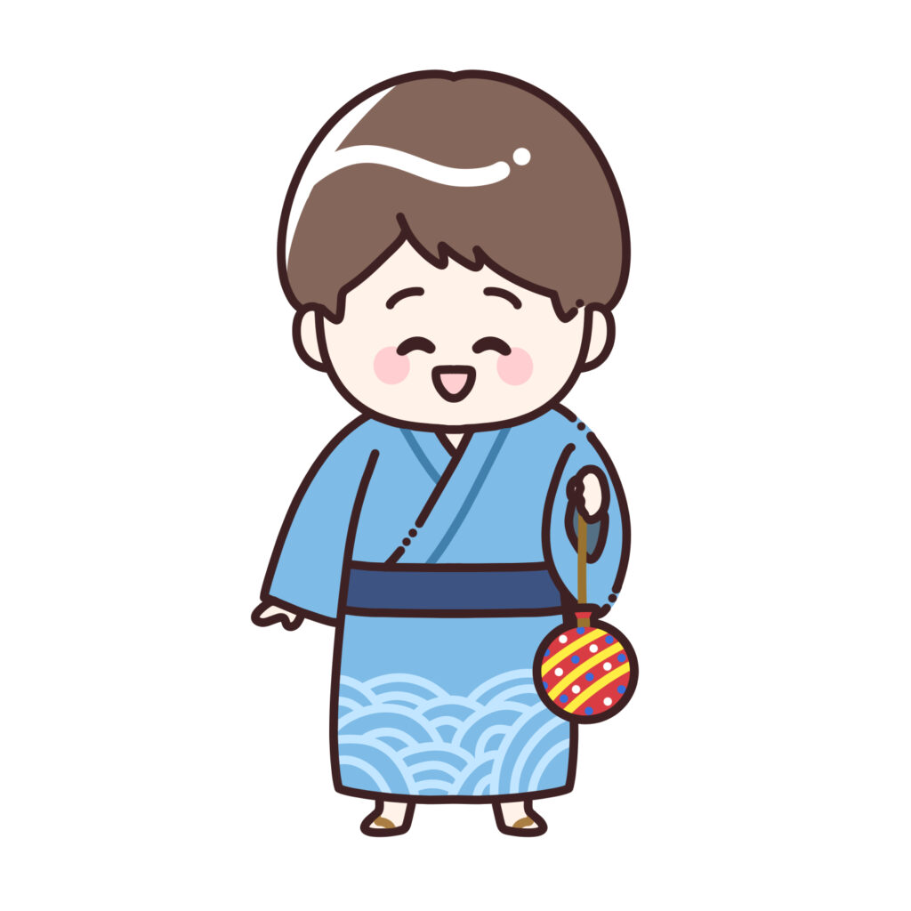 水風船を持った浴衣姿の男の子のイラスト|夏祭り・縁日素材