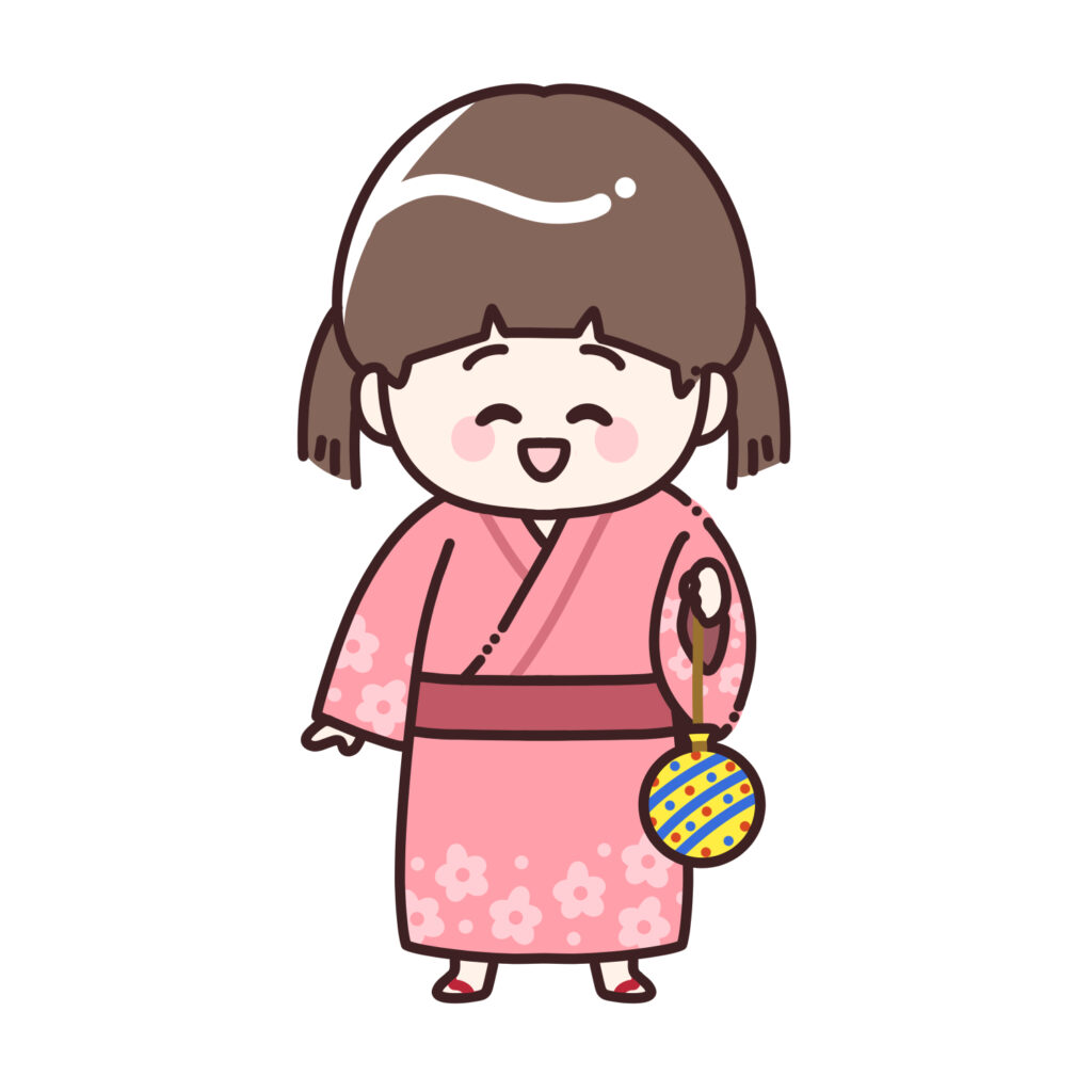 水風船を持った浴衣姿の女の子のイラスト｜夏祭り・縁日素材