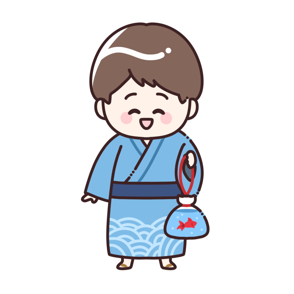 金魚を持った浴衣姿の男の子のイラスト｜夏祭り・金魚すくい素材