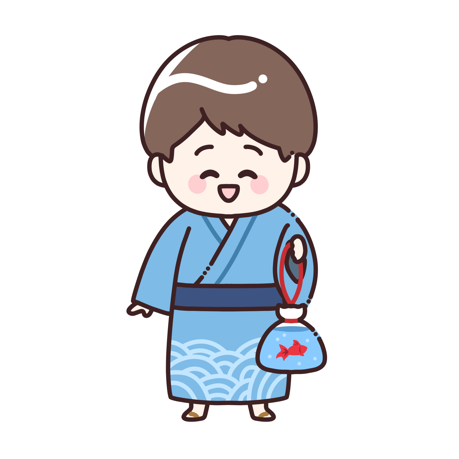 金魚を持った浴衣姿の男の子のイラスト|夏祭り・金魚すくい素材