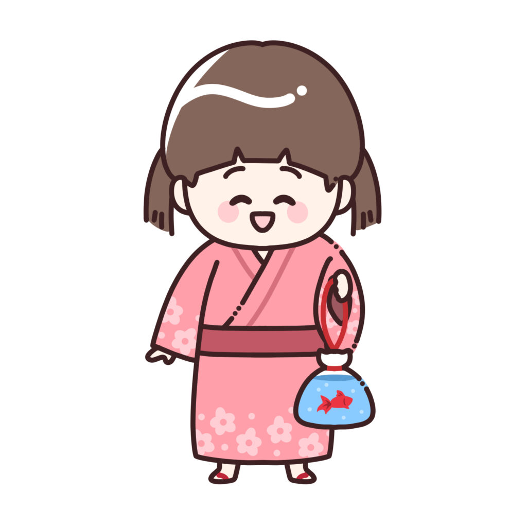 金魚を持った浴衣姿の女の子のイラスト｜夏祭り・金魚すくい素材