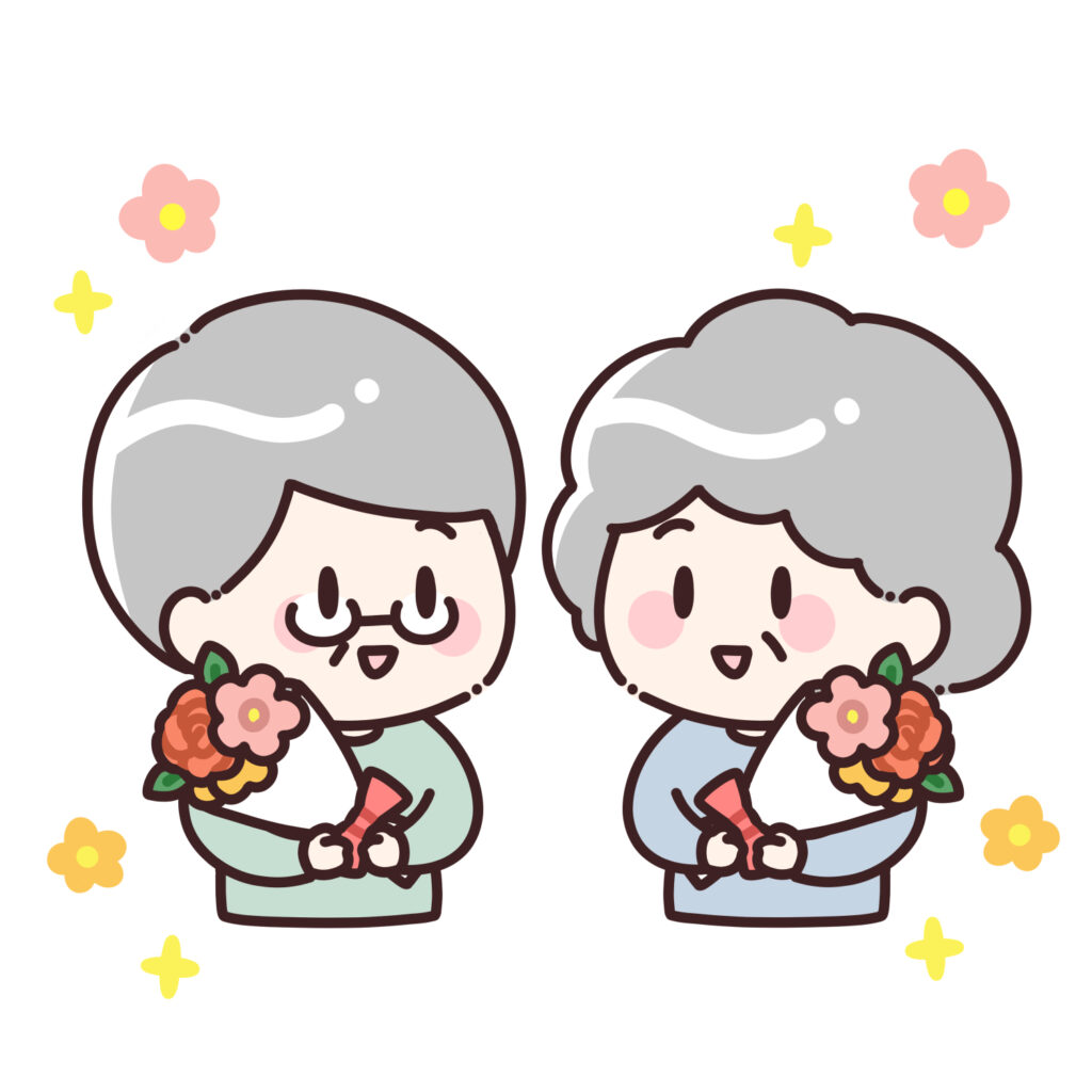 花束を持ったおじいさんとおばあさんのイラスト｜敬老の日・長寿祝い素材